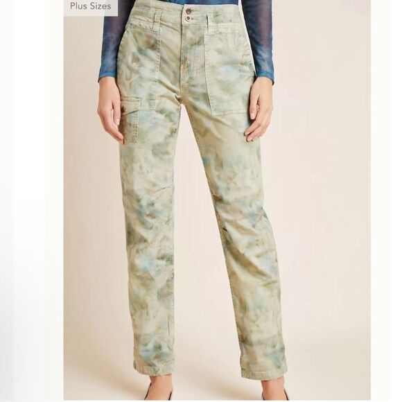 Pilcro The Wanderer Green Watercolor Straight Leg Cotton Pants Size 28 - Picture 1 of 12